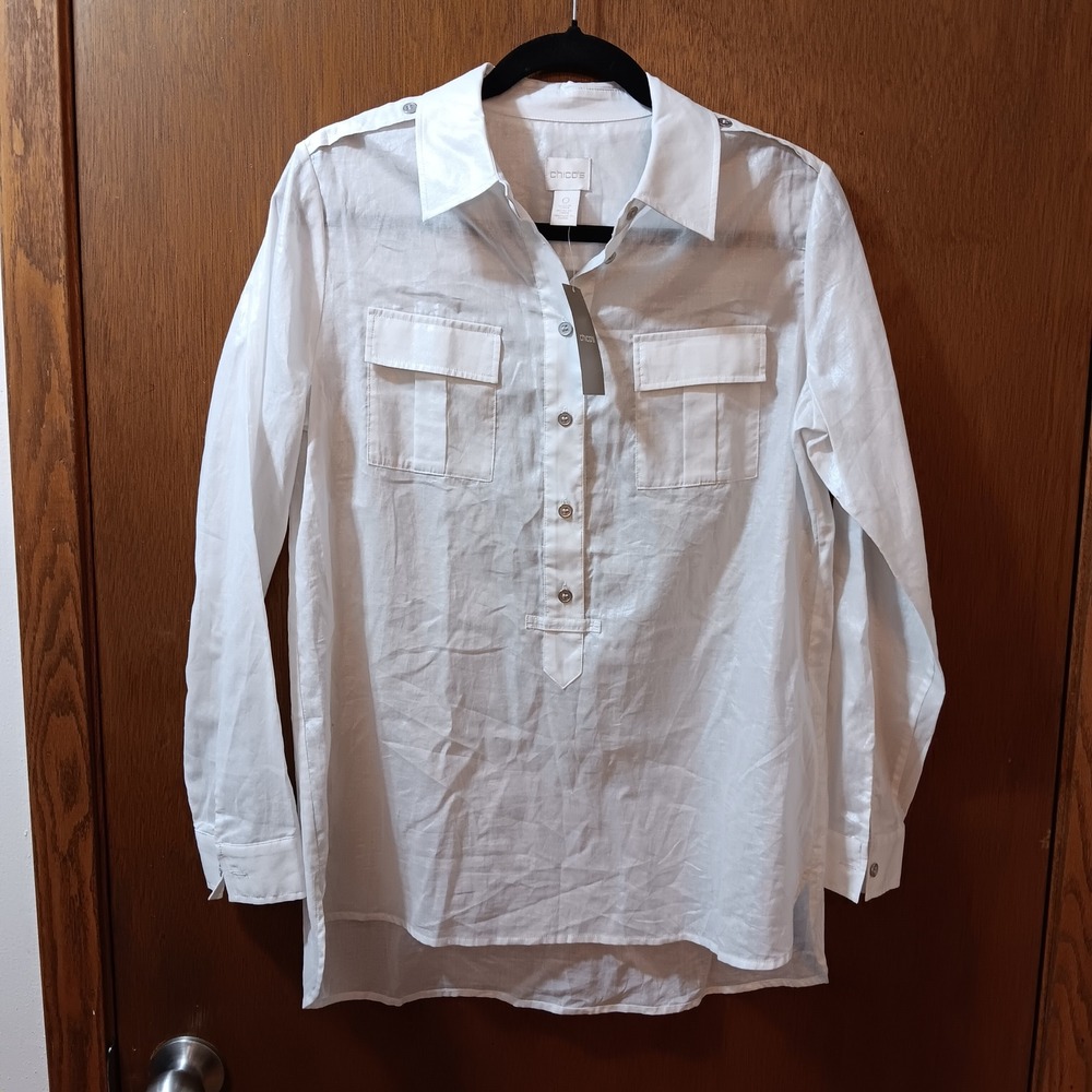 Chicos White Button Down Top Long Sleeve Cotton Shirt Blouse Shimmer Sheer‎